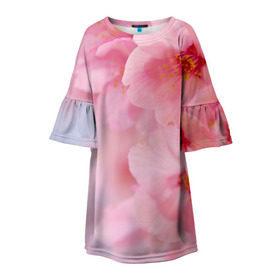 Детское платье 3D с принтом Сакура в Белгороде, 100% полиэстер | прямой силуэт, чуть расширенный к низу. Круглая горловина, на рукавах — воланы | Тематика изображения на принте: весна | вишня | розовый | цветение | цветы | япония