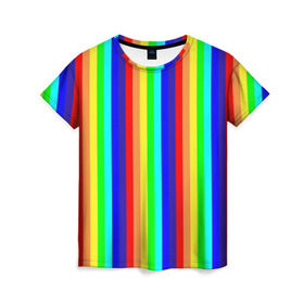 Женская футболка 3D с принтом Радуга вертикальные полосы в Белгороде, 100% полиэфир ( синтетическое хлопкоподобное полотно) | прямой крой, круглый вырез горловины, длина до линии бедер | вертикальные | жёлтый | зелёный | красный | оранжевый | полосы | радуга | синий | фиолетовый