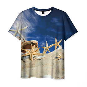 Мужская футболка 3D с принтом Морской пляж 1 в Белгороде, 100% полиэфир | прямой крой, круглый вырез горловины, длина до линии бедер | Тематика изображения на принте: море | отдых | отпуск | пляж | ракушки | туризм