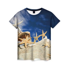 Женская футболка 3D с принтом Морской пляж 1 в Белгороде, 100% полиэфир ( синтетическое хлопкоподобное полотно) | прямой крой, круглый вырез горловины, длина до линии бедер | море | отдых | отпуск | пляж | ракушки | туризм