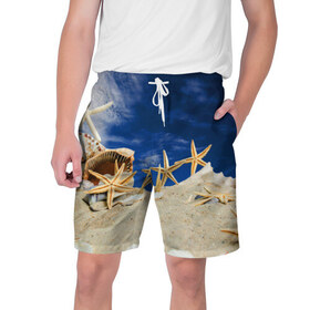 Мужские шорты 3D с принтом Морской пляж 1 в Белгороде,  полиэстер 100% | прямой крой, два кармана без застежек по бокам. Мягкая трикотажная резинка на поясе, внутри которой широкие завязки. Длина чуть выше колен | Тематика изображения на принте: море | отдых | отпуск | пляж | ракушки | туризм