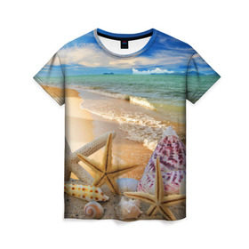Женская футболка 3D с принтом Морской пляж 2 в Белгороде, 100% полиэфир ( синтетическое хлопкоподобное полотно) | прямой крой, круглый вырез горловины, длина до линии бедер | море | отдых | отпуск | пляж | ракушки | туризм