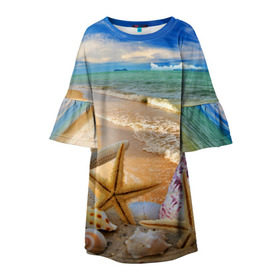 Детское платье 3D с принтом Морской пляж 2 в Белгороде, 100% полиэстер | прямой силуэт, чуть расширенный к низу. Круглая горловина, на рукавах — воланы | море | отдых | отпуск | пляж | ракушки | туризм