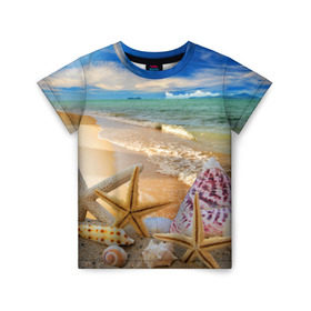 Детская футболка 3D с принтом Морской пляж 2 в Белгороде, 100% гипоаллергенный полиэфир | прямой крой, круглый вырез горловины, длина до линии бедер, чуть спущенное плечо, ткань немного тянется | море | отдых | отпуск | пляж | ракушки | туризм