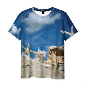 Мужская футболка 3D с принтом Морской пляж 3 в Белгороде, 100% полиэфир | прямой крой, круглый вырез горловины, длина до линии бедер | Тематика изображения на принте: море | отдых | отпуск | пляж | ракушки | туризм
