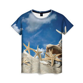 Женская футболка 3D с принтом Морской пляж 3 в Белгороде, 100% полиэфир ( синтетическое хлопкоподобное полотно) | прямой крой, круглый вырез горловины, длина до линии бедер | море | отдых | отпуск | пляж | ракушки | туризм
