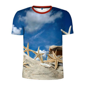 Мужская футболка 3D спортивная с принтом Морской пляж 3 в Белгороде, 100% полиэстер с улучшенными характеристиками | приталенный силуэт, круглая горловина, широкие плечи, сужается к линии бедра | Тематика изображения на принте: море | отдых | отпуск | пляж | ракушки | туризм