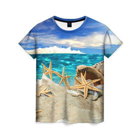 Женская футболка 3D с принтом Морской пляж 4 в Белгороде, 100% полиэфир ( синтетическое хлопкоподобное полотно) | прямой крой, круглый вырез горловины, длина до линии бедер | море | отдых | отпуск | пляж | ракушки | туризм
