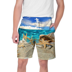 Мужские шорты 3D с принтом Морской пляж 4 в Белгороде,  полиэстер 100% | прямой крой, два кармана без застежек по бокам. Мягкая трикотажная резинка на поясе, внутри которой широкие завязки. Длина чуть выше колен | море | отдых | отпуск | пляж | ракушки | туризм