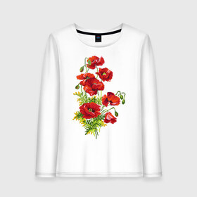 Женский лонгслив хлопок с принтом Маки в Белгороде, 100% хлопок |  | embroidery | flowers | poppies | red | wild | вышивка | красные | маки | полевые | цветы