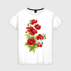 Женская футболка хлопок с принтом Маки в Белгороде, 100% хлопок | прямой крой, круглый вырез горловины, длина до линии бедер, слегка спущенное плечо | embroidery | flowers | poppies | red | wild | вышивка | красные | маки | полевые | цветы