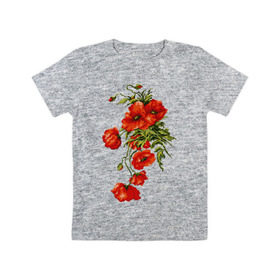 Детская футболка хлопок с принтом Маки в Белгороде, 100% хлопок | круглый вырез горловины, полуприлегающий силуэт, длина до линии бедер | embroidery | flowers | poppies | red | wild | вышивка | красные | маки | полевые | цветы