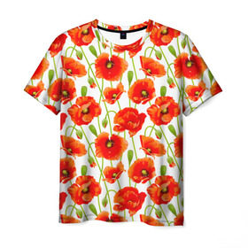 Мужская футболка 3D с принтом Маки в Белгороде, 100% полиэфир | прямой крой, круглый вырез горловины, длина до линии бедер | flowers | красные | маки | паттерн | цветы