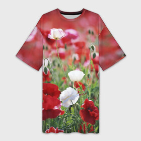 Платье-футболка 3D с принтом Маки в Белгороде,  |  | field | flowers | meadow | poppies | red | white | белые | красные | луг | маки | поле | полевые | цветы