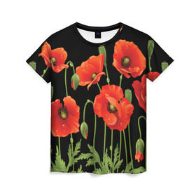 Женская футболка 3D с принтом Маки в Белгороде, 100% полиэфир ( синтетическое хлопкоподобное полотно) | прямой крой, круглый вырез горловины, длина до линии бедер | field | flowers | meadow | poppies | red | white | белые | красные | луг | маки | поле | полевые | цветы