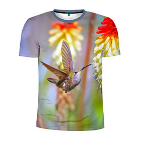Мужская футболка 3D спортивная с принтом Колибри в Белгороде, 100% полиэстер с улучшенными характеристиками | приталенный силуэт, круглая горловина, широкие плечи, сужается к линии бедра | лепесток | новая | природа | птичка | цветок | яркая