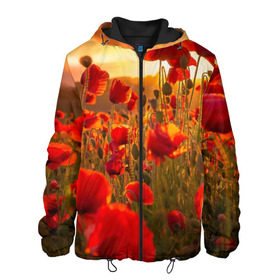 Мужская куртка 3D с принтом Маки в Белгороде, ткань верха — 100% полиэстер, подклад — флис | прямой крой, подол и капюшон оформлены резинкой с фиксаторами, два кармана без застежек по бокам, один большой потайной карман на груди. Карман на груди застегивается на липучку | field | flowers | meadow | nature | poppies | red | sky | summer | sun | sunset | wild | закат | красные | лето | луг | маки | небо | поле | полевые | природа | солнце | цветы
