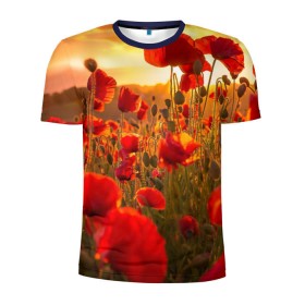 Мужская футболка 3D спортивная с принтом Маки в Белгороде, 100% полиэстер с улучшенными характеристиками | приталенный силуэт, круглая горловина, широкие плечи, сужается к линии бедра | Тематика изображения на принте: field | flowers | meadow | nature | poppies | red | sky | summer | sun | sunset | wild | закат | красные | лето | луг | маки | небо | поле | полевые | природа | солнце | цветы
