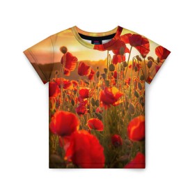 Детская футболка 3D с принтом Маки в Белгороде, 100% гипоаллергенный полиэфир | прямой крой, круглый вырез горловины, длина до линии бедер, чуть спущенное плечо, ткань немного тянется | Тематика изображения на принте: field | flowers | meadow | nature | poppies | red | sky | summer | sun | sunset | wild | закат | красные | лето | луг | маки | небо | поле | полевые | природа | солнце | цветы
