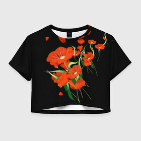 Женская футболка 3D укороченная с принтом Маки в Белгороде, 100% полиэстер | круглая горловина, длина футболки до линии талии, рукава с отворотами | background | black | flowers | flying | petals | poppies | red | wild | wind | ветер | красные | лепестки | летят | маки | полевые | фон | цветы | черный