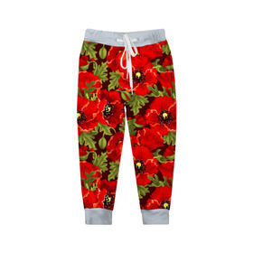 Детские брюки 3D с принтом Маки в Белгороде, 100% полиэстер | манжеты по низу, эластичный пояс регулируется шнурком, по бокам два кармана без застежек, внутренняя часть кармана из мелкой сетки | flowers | poppies | red | wild | красные | мак | маки | полевые | цветы
