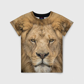 Детская футболка 3D с принтом Лев в Белгороде, 100% гипоаллергенный полиэфир | прямой крой, круглый вырез горловины, длина до линии бедер, чуть спущенное плечо, ткань немного тянется | грива | джунгли | животные | зверь | король | кровь | лев | охотник | хищник | царь