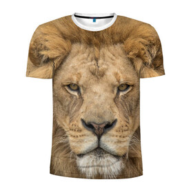 Мужская футболка 3D спортивная с принтом Лев в Белгороде, 100% полиэстер с улучшенными характеристиками | приталенный силуэт, круглая горловина, широкие плечи, сужается к линии бедра | грива | джунгли | животные | зверь | король | кровь | лев | охотник | хищник | царь