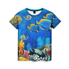 Женская футболка 3D с принтом Экзотические рыбки в Белгороде, 100% полиэфир ( синтетическое хлопкоподобное полотно) | прямой крой, круглый вырез горловины, длина до линии бедер | животые | красочные | морские | рыбки | цветные | экзотические