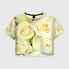 Женская футболка 3D укороченная с принтом Белые розы в Белгороде, 100% полиэстер | круглая горловина, длина футболки до линии талии, рукава с отворотами | лепестки | розы | цветы