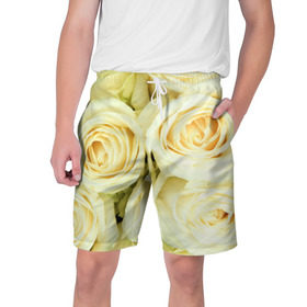 Мужские шорты 3D с принтом Белые розы в Белгороде,  полиэстер 100% | прямой крой, два кармана без застежек по бокам. Мягкая трикотажная резинка на поясе, внутри которой широкие завязки. Длина чуть выше колен | лепестки | розы | цветы