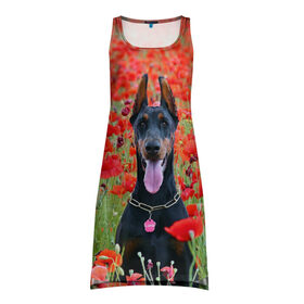 Платье-майка 3D с принтом Собака в поле маков в Белгороде, 100% полиэстер | полуприлегающий силуэт, широкие бретели, круглый вырез горловины, удлиненный подол сзади. | Тематика изображения на принте: 
