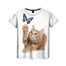 Женская футболка 3D с принтом Котенок и бабочка 2 в Белгороде, 100% полиэфир ( синтетическое хлопкоподобное полотно) | прямой крой, круглый вырез горловины, длина до линии бедер | бабочка | кот | котенок | кошка | мордочка