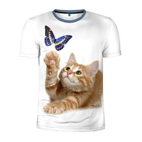 Мужская футболка 3D спортивная с принтом Котенок и бабочка 2 в Белгороде, 100% полиэстер с улучшенными характеристиками | приталенный силуэт, круглая горловина, широкие плечи, сужается к линии бедра | бабочка | кот | котенок | кошка | мордочка