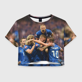 Женская футболка 3D укороченная с принтом Сборная Исландии по футболу в Белгороде, 100% полиэстер | круглая горловина, длина футболки до линии талии, рукава с отворотами | euro 2016