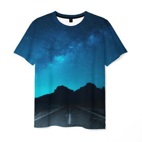 Мужская футболка 3D с принтом Дорога под чистым небом в Белгороде, 100% полиэфир | прямой крой, круглый вырез горловины, длина до линии бедер | osfenemy | горы | дорога | звезды | космос | красиво | небо | пейзаж | путь | черный | чудо