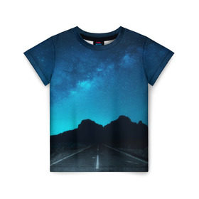 Детская футболка 3D с принтом Дорога под чистым небом в Белгороде, 100% гипоаллергенный полиэфир | прямой крой, круглый вырез горловины, длина до линии бедер, чуть спущенное плечо, ткань немного тянется | osfenemy | горы | дорога | звезды | космос | красиво | небо | пейзаж | путь | черный | чудо