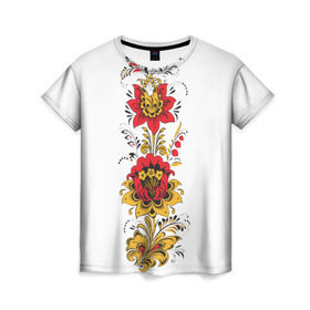 Женская футболка 3D с принтом Хохлома 2 в Белгороде, 100% полиэфир ( синтетическое хлопкоподобное полотно) | прямой крой, круглый вырез горловины, длина до линии бедер | ветки | лента | лист | народное | россия | русское | узор
