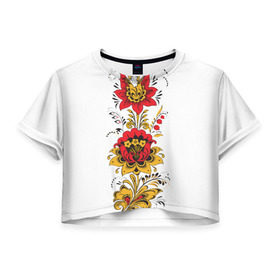 Женская футболка 3D укороченная с принтом Хохлома 2 в Белгороде, 100% полиэстер | круглая горловина, длина футболки до линии талии, рукава с отворотами | ветки | лента | лист | народное | россия | русское | узор