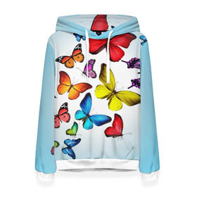 Женская толстовка 3D с принтом Butterflies в Белгороде, 100% полиэстер  | двухслойный капюшон со шнурком для регулировки, мягкие манжеты на рукавах и по низу толстовки, спереди карман-кенгуру с мягким внутренним слоем. | бабочки | белый | картинка | лето | природа | рисунок | розовый | цвета