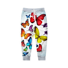 Детские брюки 3D с принтом Butterflies в Белгороде, 100% полиэстер | манжеты по низу, эластичный пояс регулируется шнурком, по бокам два кармана без застежек, внутренняя часть кармана из мелкой сетки | бабочки | белый | картинка | лето | природа | рисунок | розовый | цвета