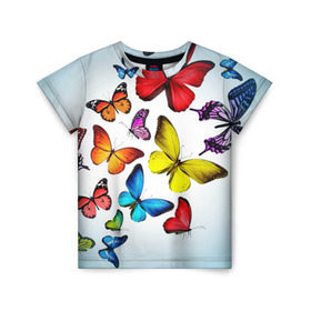 Детская футболка 3D с принтом Butterflies в Белгороде, 100% гипоаллергенный полиэфир | прямой крой, круглый вырез горловины, длина до линии бедер, чуть спущенное плечо, ткань немного тянется | Тематика изображения на принте: бабочки | белый | картинка | лето | природа | рисунок | розовый | цвета