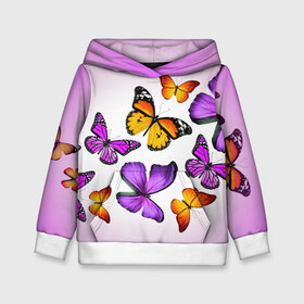 Детская толстовка 3D с принтом Butterflies в Белгороде, 100% полиэстер | двухслойный капюшон со шнурком для регулировки, мягкие манжеты на рукавах и по низу толстовки, спереди карман-кенгуру с мягким внутренним слоем | Тематика изображения на принте: бабочки | белый | картинка | лето | природа | рисунок | розовый | цвета