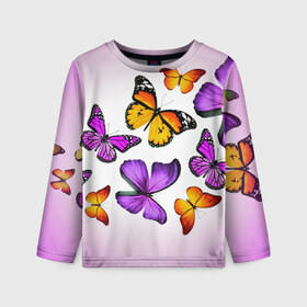 Детский лонгслив 3D с принтом Butterflies в Белгороде, 100% полиэстер | длинные рукава, круглый вырез горловины, полуприлегающий силуэт
 | бабочки | белый | картинка | лето | природа | рисунок | розовый | цвета