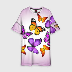 Детское платье 3D с принтом Butterflies в Белгороде, 100% полиэстер | прямой силуэт, чуть расширенный к низу. Круглая горловина, на рукавах — воланы | бабочки | белый | картинка | лето | природа | рисунок | розовый | цвета