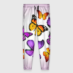 Женские брюки 3D с принтом Butterflies в Белгороде, полиэстер 100% | прямой крой, два кармана без застежек по бокам, с мягкой трикотажной резинкой на поясе и по низу штанин. В поясе для дополнительного комфорта — широкие завязки | бабочки | белый | картинка | лето | природа | рисунок | розовый | цвета