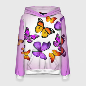 Женская толстовка 3D с принтом Butterflies в Белгороде, 100% полиэстер  | двухслойный капюшон со шнурком для регулировки, мягкие манжеты на рукавах и по низу толстовки, спереди карман-кенгуру с мягким внутренним слоем. | бабочки | белый | картинка | лето | природа | рисунок | розовый | цвета