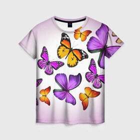 Женская футболка 3D с принтом Butterflies в Белгороде, 100% полиэфир ( синтетическое хлопкоподобное полотно) | прямой крой, круглый вырез горловины, длина до линии бедер | бабочки | белый | картинка | лето | природа | рисунок | розовый | цвета