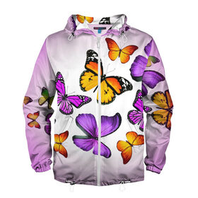 Мужская ветровка 3D с принтом Butterflies в Белгороде, 100% полиэстер | подол и капюшон оформлены резинкой с фиксаторами, два кармана без застежек по бокам, один потайной карман на груди | бабочки | белый | картинка | лето | природа | рисунок | розовый | цвета