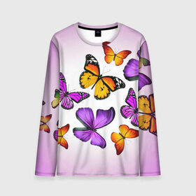 Мужской лонгслив 3D с принтом Butterflies в Белгороде, 100% полиэстер | длинные рукава, круглый вырез горловины, полуприлегающий силуэт | бабочки | белый | картинка | лето | природа | рисунок | розовый | цвета