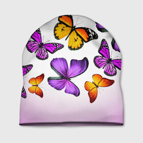 Шапка 3D с принтом Butterflies в Белгороде, 100% полиэстер | универсальный размер, печать по всей поверхности изделия | Тематика изображения на принте: бабочки | белый | картинка | лето | природа | рисунок | розовый | цвета